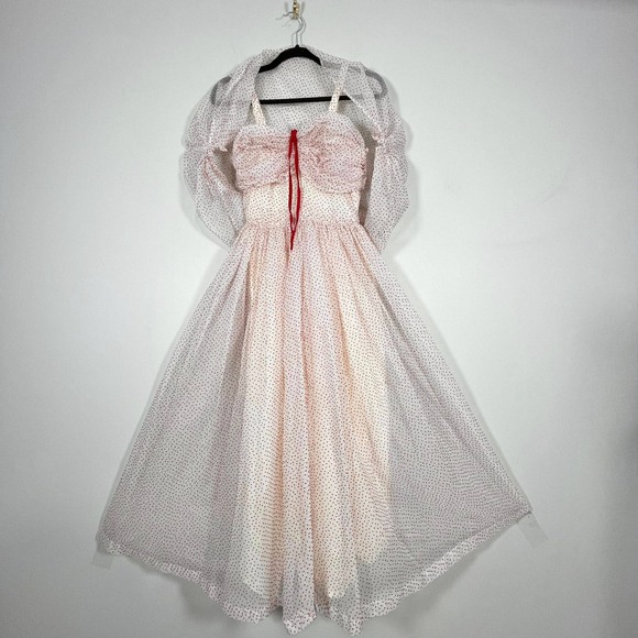 Dresses & Skirts - VTG 1950s Handmade Fit & Flare Dress Womens Small White Red Polka Dot Shawl Tea